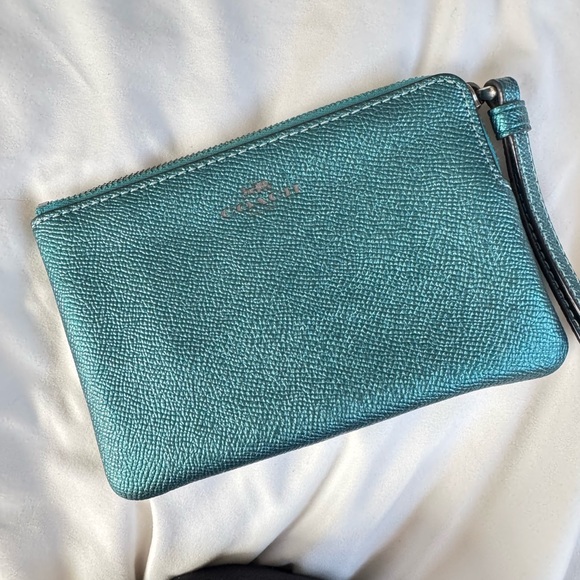 Coach Handbags - Coach Metallic Teal Pebbled Leather Wristlet